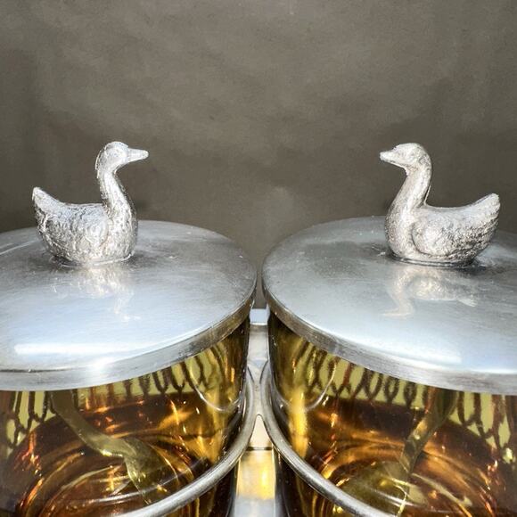 Vintage Condiment Set Spoons & Caddy Amber Glass Jars Ducks Spain - Picture 2 of 6